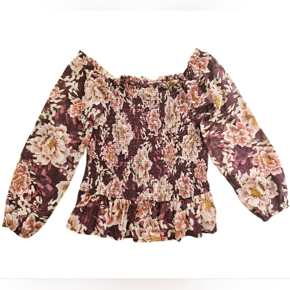☘️3/$15☘️ Chance & Destiny Off-Shoulder Wine Floral Smocked Blouse - Picture 2 of 4
